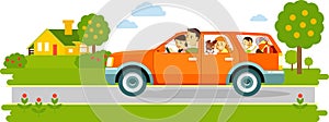 Happy family traveling by car on nature background