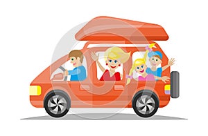 Happy family traveling by red car. flat