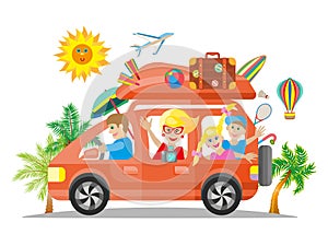 Happy family traveling by red car. flat