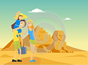Happy Family Traveling and Sightseeing in Egypt, Smiling Mother, Father and Daughter Posing Near Egyptian Pyramid Vector