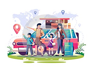 Happy Family traveling on the summer holiday or vacation. Family with children travel around the world by car