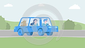 Happy family traveling together by car. Vector illustration.