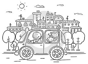 Happy family travelling by car - black and white photo