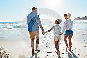 Happy family, tropical and beach walk during summer on vacation relaxing and enjoying the scenery at the ocean. Sea