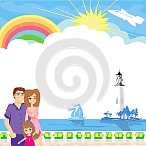Happy family on tropical vacation - card with place for text