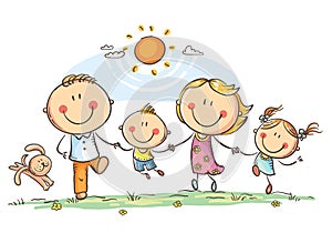 Happy family with two children having fun running outdoors