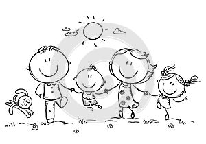 Happy family with two children having fun running outdoors, outline