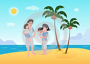 Happy family with two kids enjoy summer vacation on seaside. Summer travel and leisure on sea beach. Vector flat cartoon