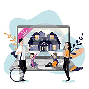 Happy family with two kids looking for house to buy. Vector flat cartoon illustration. Online home sale, property rent