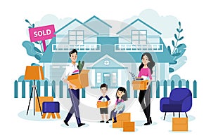 Happy family with two kids move to their new house. Vector flat cartoon illustration. Relocation and moving concept