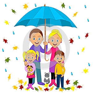 Happy family under umbrella.