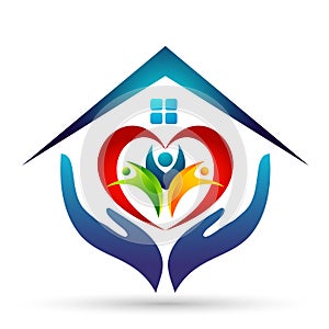 Happy Family union, love heart shaped hands care kids and care happy with home house roof shape logo.