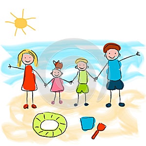 Happy family on vacation at beach. Drawing child of his family. Vector illustration