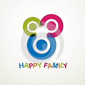 Happy family vector logo or icon created with simple geometric shapes. Tender and protective relationship of father, mother and