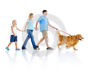 Happy Family Walk the Dog