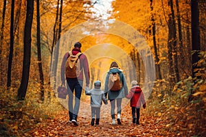 Happy family walking in autumn forest. Mother, father and children walking in autumn forest, Faceless family walking hike through