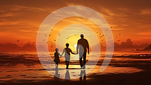 Happy family walking on beach sunset silhouette