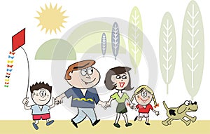 Happy family walking cartoon