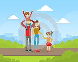 Happy Family Walking and Having Fun Outdoors, Mother, Father, Daughter and Son Spending Time Together in Park Cartoon