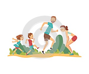 Happy Family Walking in the Park, Father, Mother, Daughter and Son Having Good Time Together Vector Illustration