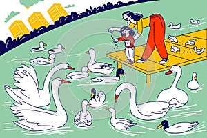 Happy Family Walking in Park. Mother and Little Child Characters Feed Ducks, Swans and Doves. Woman and Girl Weekend