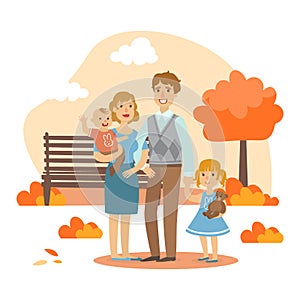 Happy Family Walking Together in Autumn Park Vector Illustration