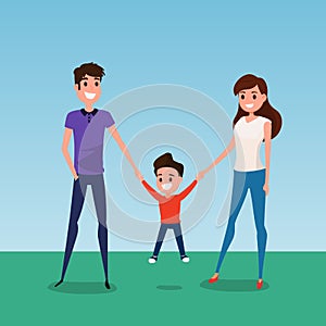 Happy family walking together and hold in hand. Father mother and son. Flat design style.