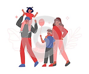 Happy Family Walking Together, Mother, Father and Their Son and Daughter, Dad Carrying Daughter on His Shoulders Vector