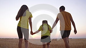 happy family walking together in the park silhouette lifestyle. concept of children dream of a friendly family. happy