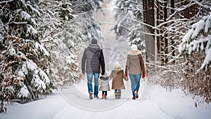 Happy family walking in winter forest. Mother, father and child having fun on snowy road
