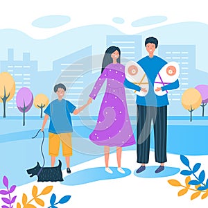 Happy family walks around the city vector illustration