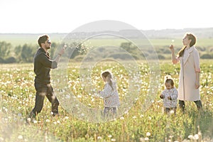 happy family walks in the field and play with dandelions