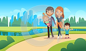 Happy family walks. Walk park city nature happiness families character mother father daughter son kids pet cartoon