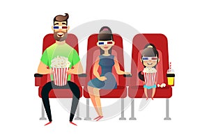 Happy family watching movie in the cinema. Mom, Dad and daughter in 3d glasses. A man, a woman and a girl sit on the
