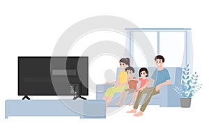 Happy family watching tv together isolated on white background. Parents mother and father watch television with son and daughter