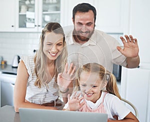 Happy family, wave and video call on laptop in kitchen with friends online using 5g internet communication. Smiling mom