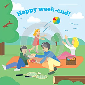 Happy Family on Weekend. Family picnic. Party Picnic, Food, summer. Vector illustration