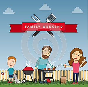 Happy family weekend or picnic: mother, father and their son playing with dog. Food and barbeque, summer and grill. Vector