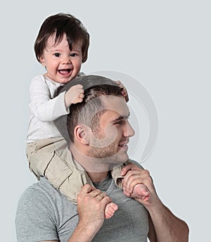 Happy family on a white background. Mother, father and son