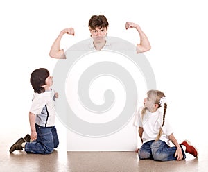 Happy family with white banner.