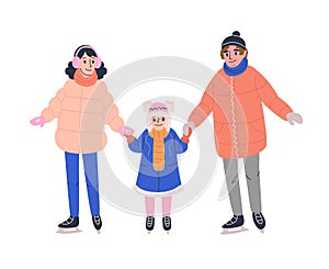 Happy family  in winter clothes skating on ice rink