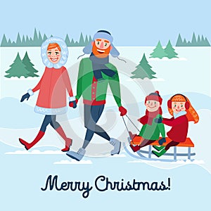 Happy Family on Winter Holidays. Parents with Kids Sledding. Merry Christmas Time