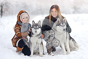 Happy family in the winter wood plays huskies with a dog. Beautiful snow wood.