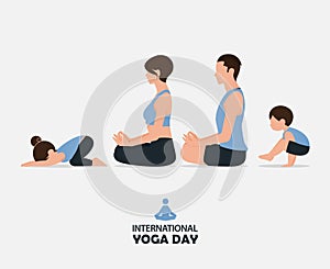 Happy Family yoga concept of people doing yoga exercises and sitting in lotus pose or meditation. 21 June International yoga day.