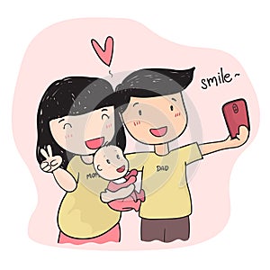 Drawing Happy family young parent taking selfie photo with baby