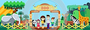 Happy family in zoo, flat style illustration. Weekend in park, leisure outdoor concept