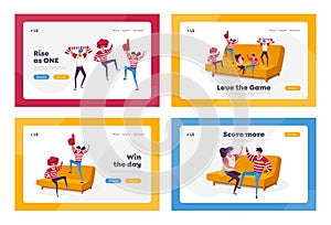 Happy Fans Cheering for Sport Team Victory Success Landing Page Template Set. Tiny Characters with Funny Attribution photo