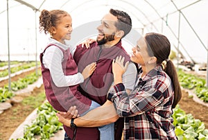 Happy, farm and agriculture with family together with vegetable, sustainability garden and love. Nature, parents and