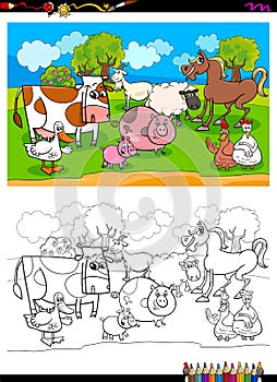 Happy farm animal characters group color book