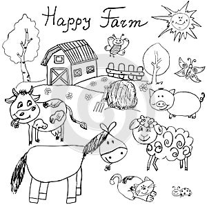 Happy farm doodles icons set. Hand drawn sketch with horse, cow, sheep pig and barn. childlike cartoony sketchy vector